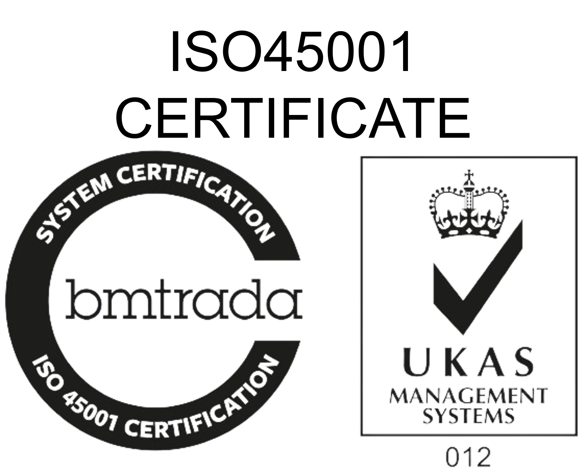 BM TRADA and UKAS Management Systems ISO 45001 certification logos.