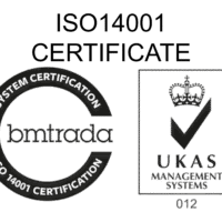 BM TRADA and UKAS Management Systems ISO 14001 Certification. BM TRADA and UKAS Management Systems ISO 14001 certification logos.